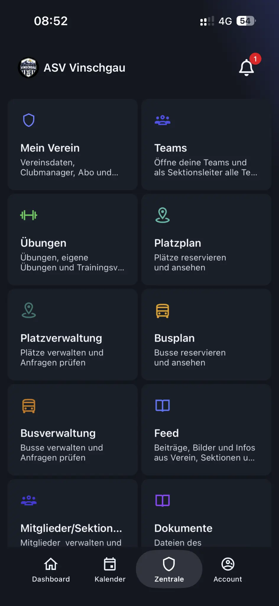 Evolve Sports Vereinszentrale mit Teams, Mitgliedern, Sektionen und Dokumenten