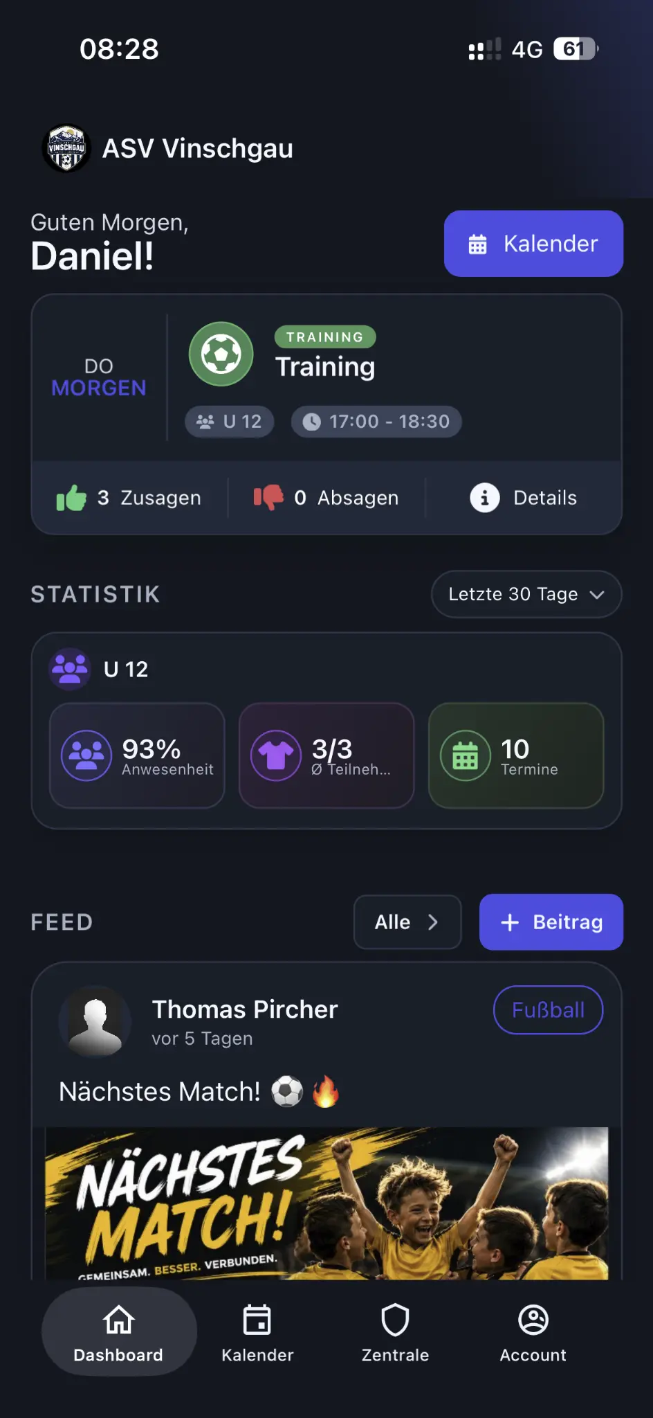 Evolve Sports Teamübersicht mit Training, Rückmeldungen und Vereinsfeed