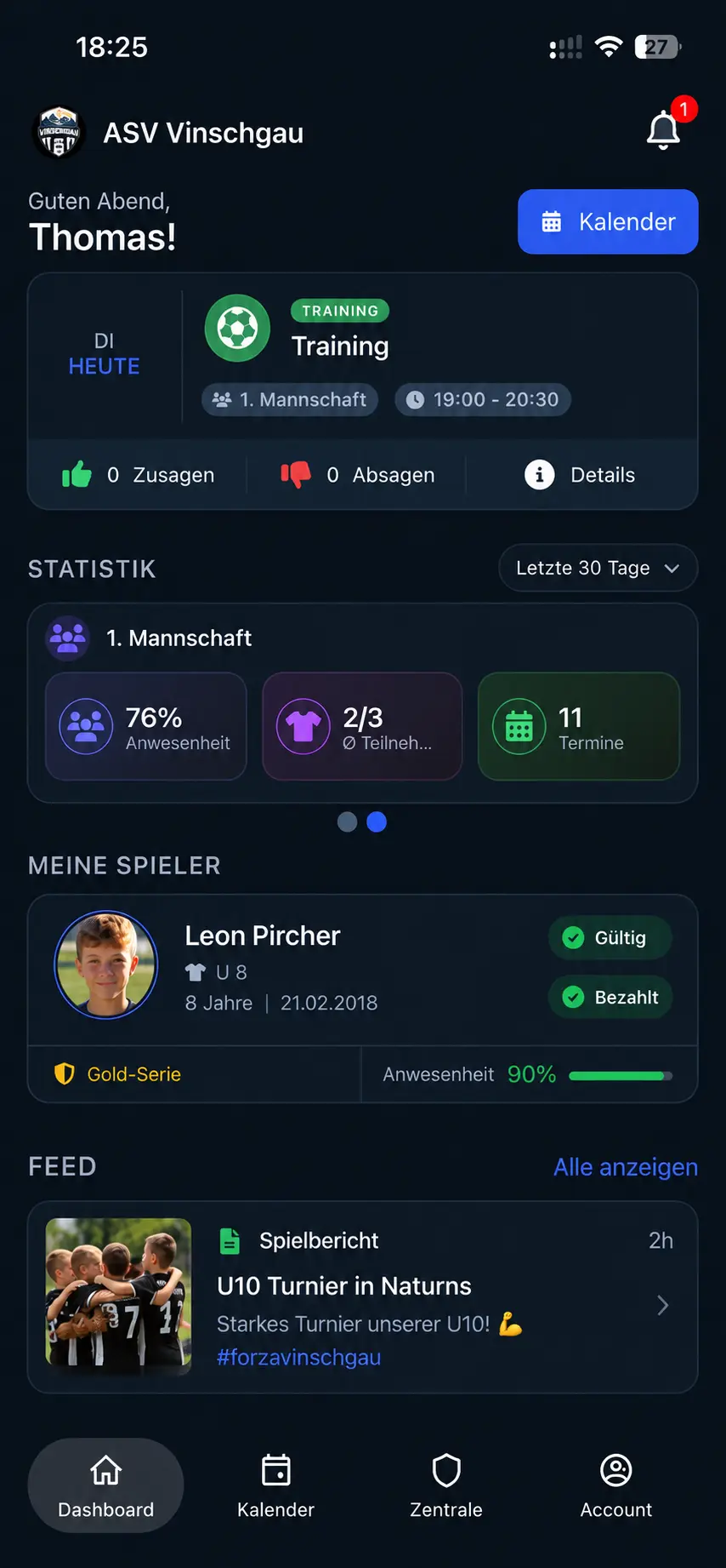 Evolve Sports Traineransicht mit Teamtermin, Rückmeldungen und Anwesenheit