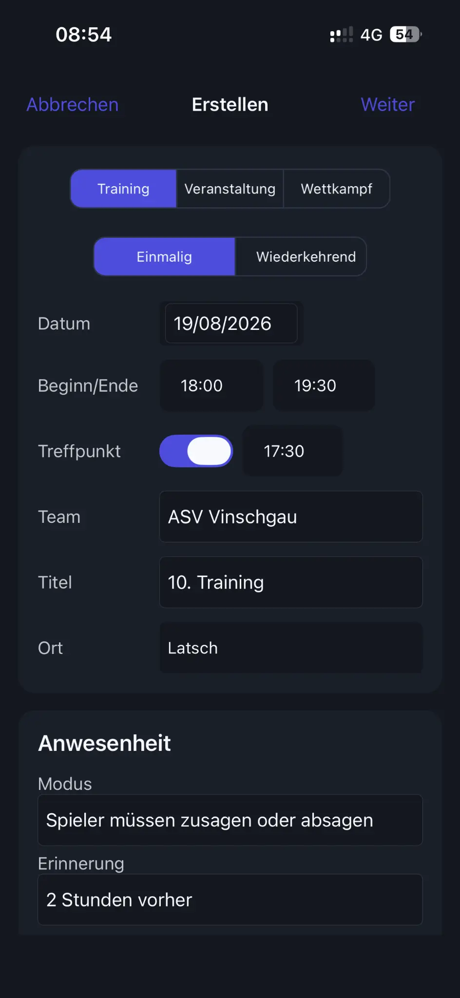 Evolve Sports Trainingsplanung mit wiederkehrenden Terminen, Zu-/Absagen und Erinnerungen
