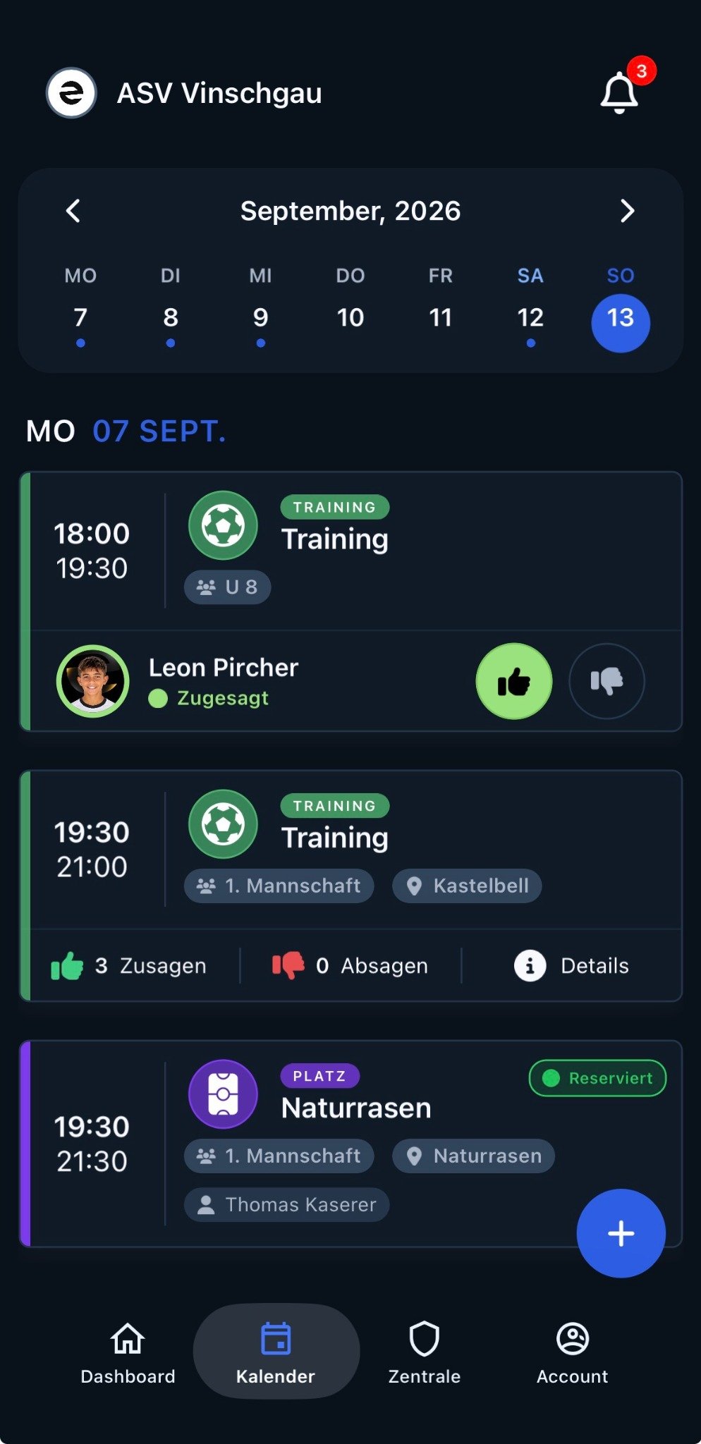 Training planning in Evolve Sports with recurring events, attendance and reminders