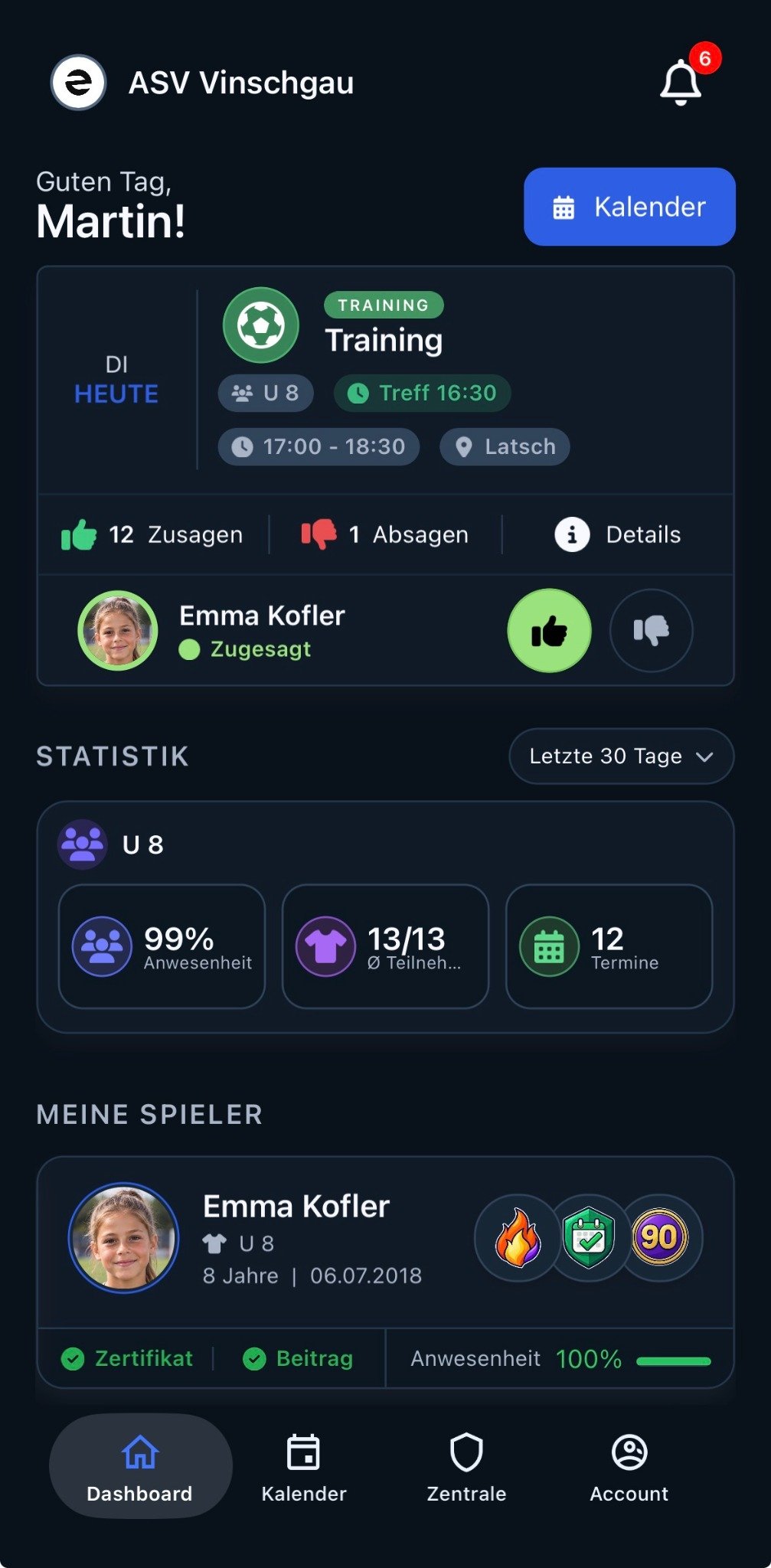 Dashboard allenatore con presenze, appuntamenti e statistiche dei giocatori in Evolve Sports